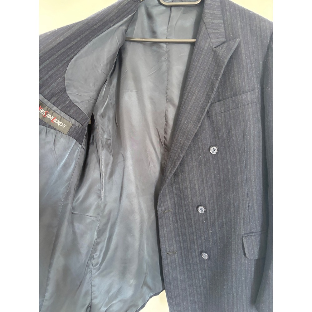 Vintage Yves Saint Laurent Pour Homme Wool Pinstripe Double Breasted Blazer Navy